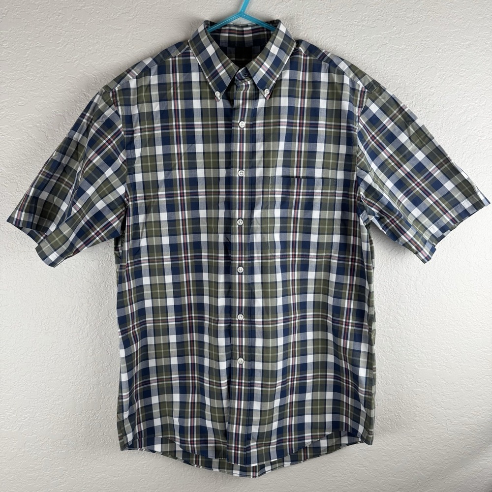 Jos A Bank Travelers Collection Men's Blue Green Plaid Short Shirt  M 100% Coton